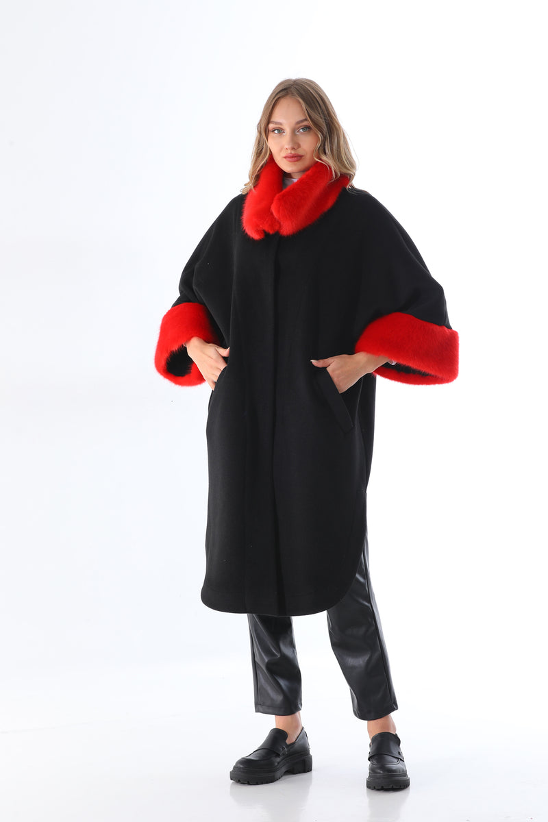 BZ Faux Fur Pancho Coat Black