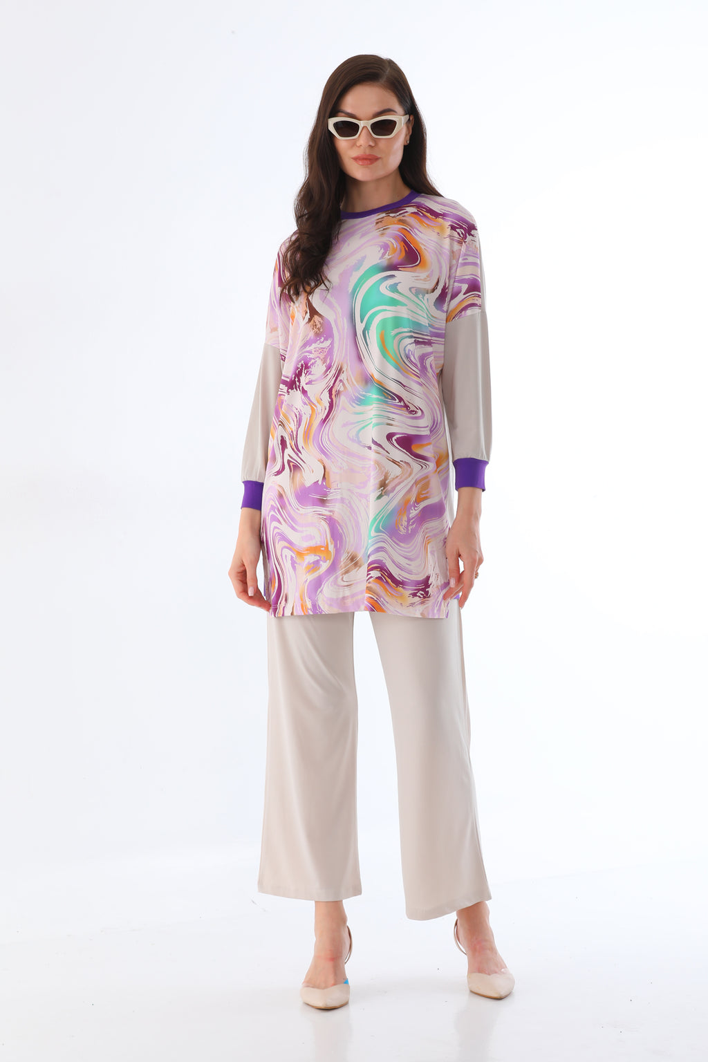 PN Ebru Printed Set Beige&Purple