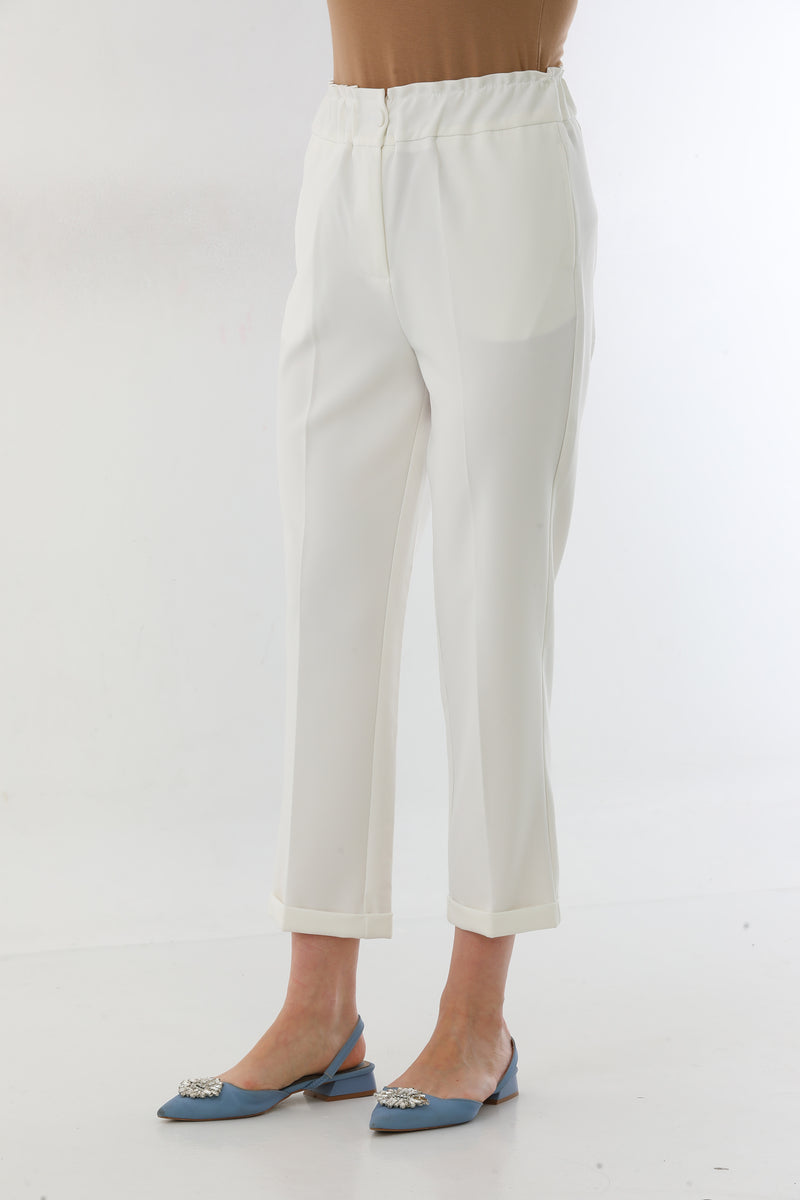 SZ Turnup Elastic Belted Pants Ecru