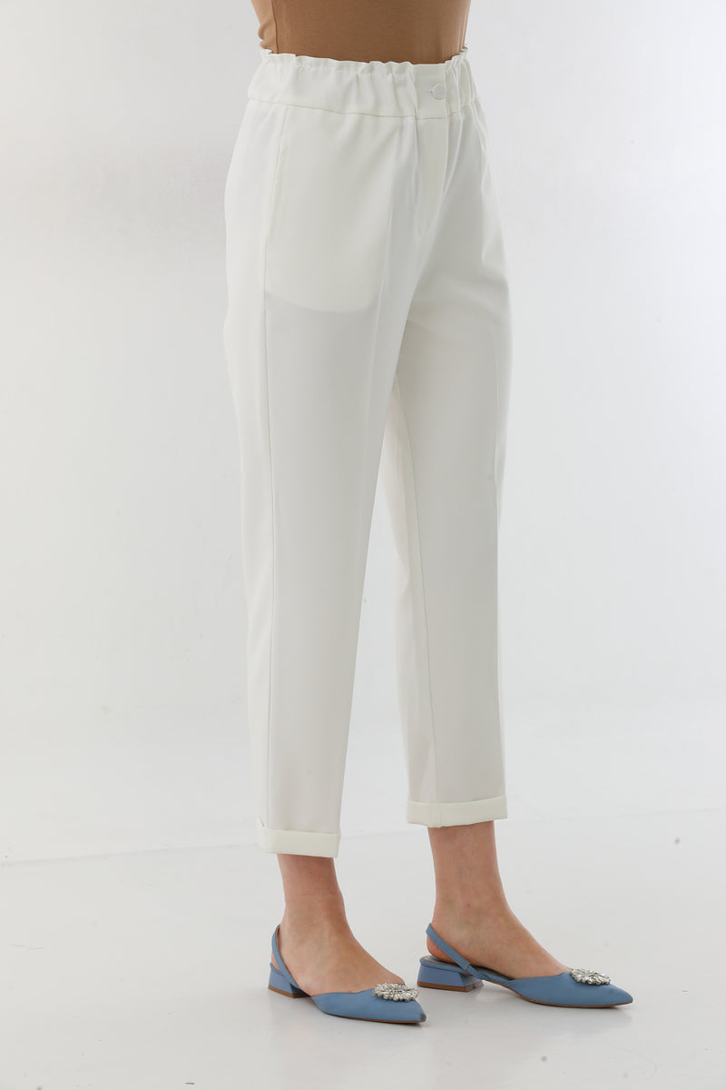 SZ Turnup Elastic Belted Pants Ecru