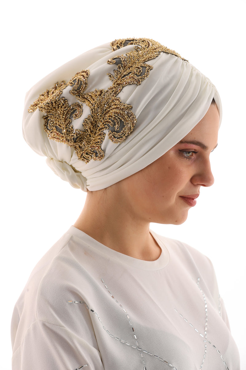 QF Rhinestone Handmade Turban Ecru