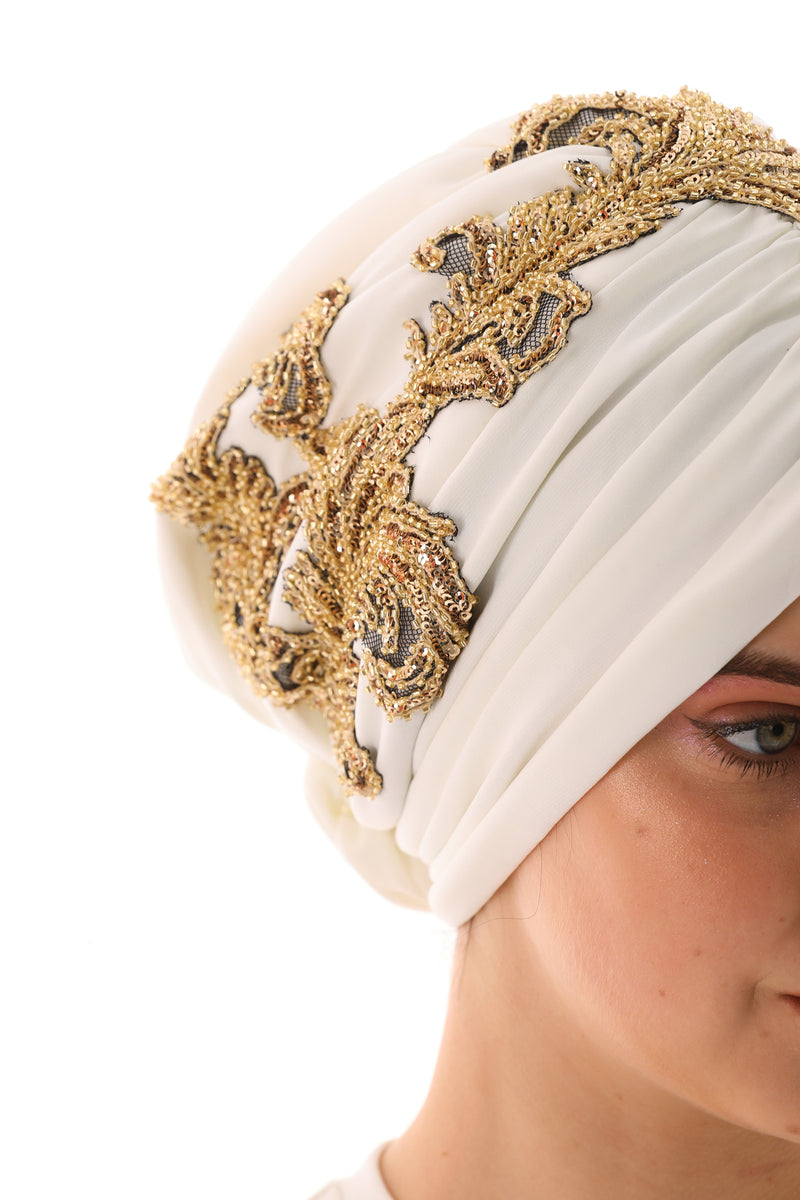 QF Rhinestone Handmade Turban Ecru