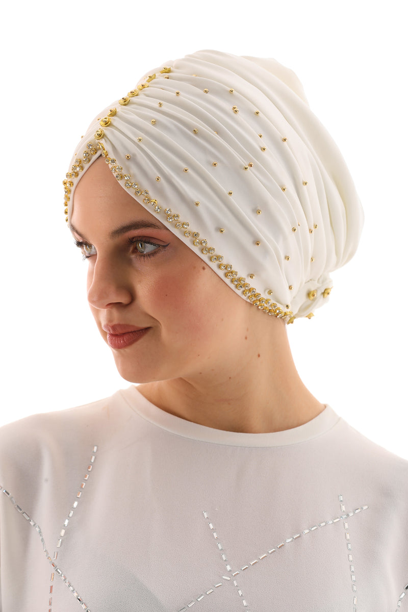 QF Rhinestone Handmade Turban Ecru