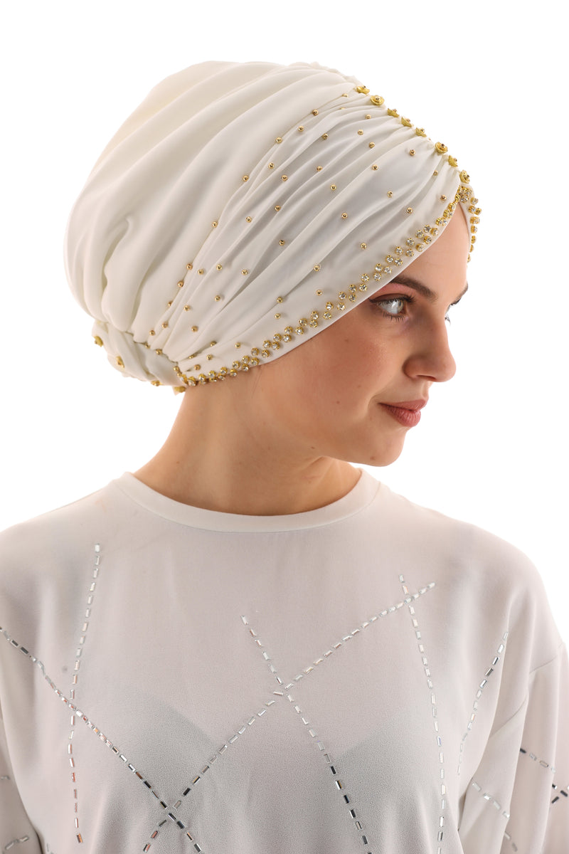 QF Rhinestone Handmade Turban Ecru