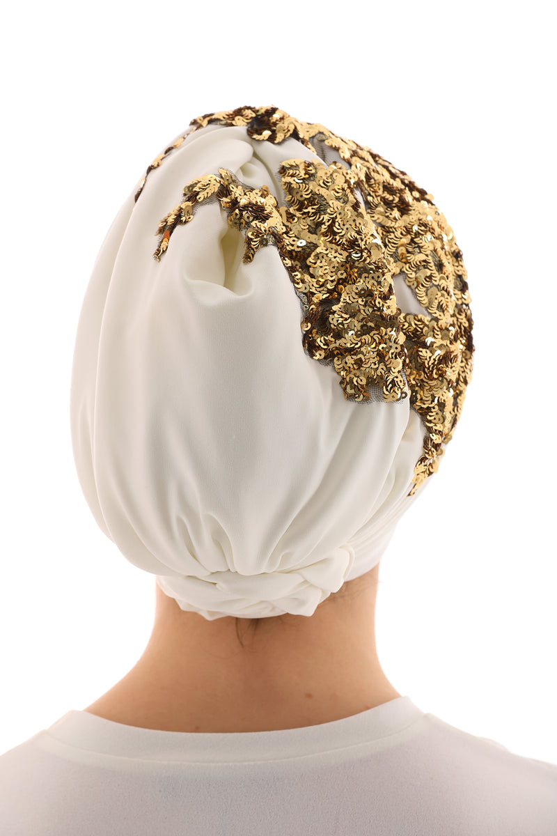 QF Sequin Handmade Turban Ecru