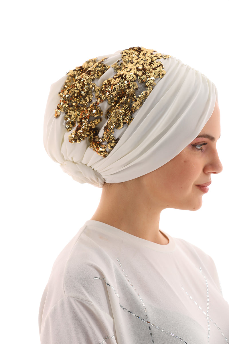 QF Sequin Handmade Turban Ecru