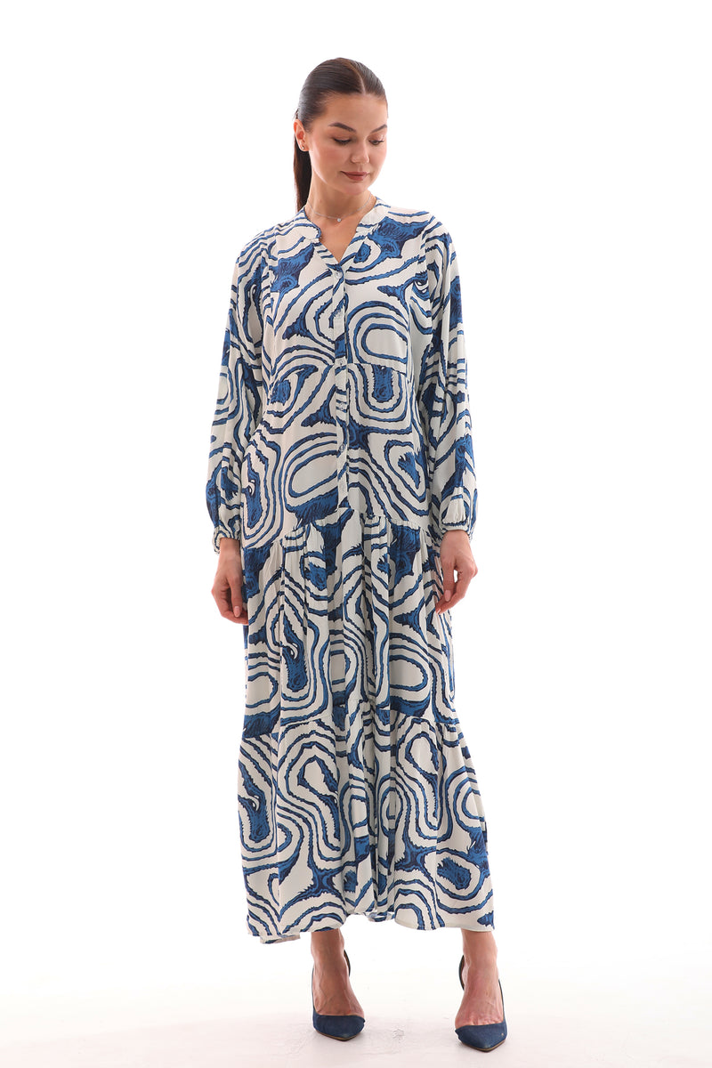 ZK V Collar Printed Dress Blue