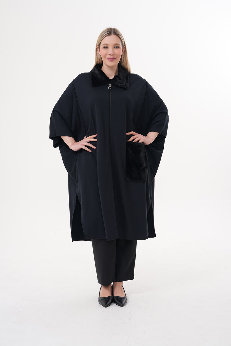 DL Fur Collar Pancho Black