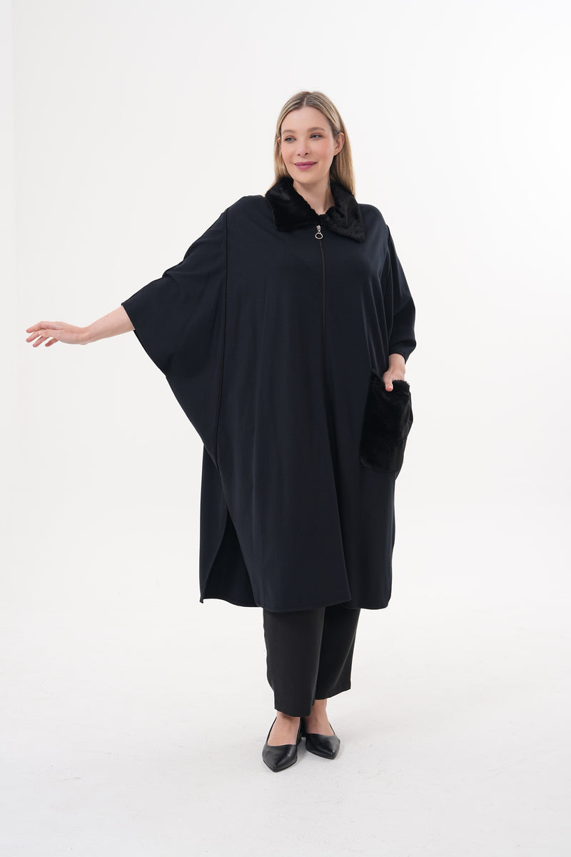 DL Fur Collar Pancho Black