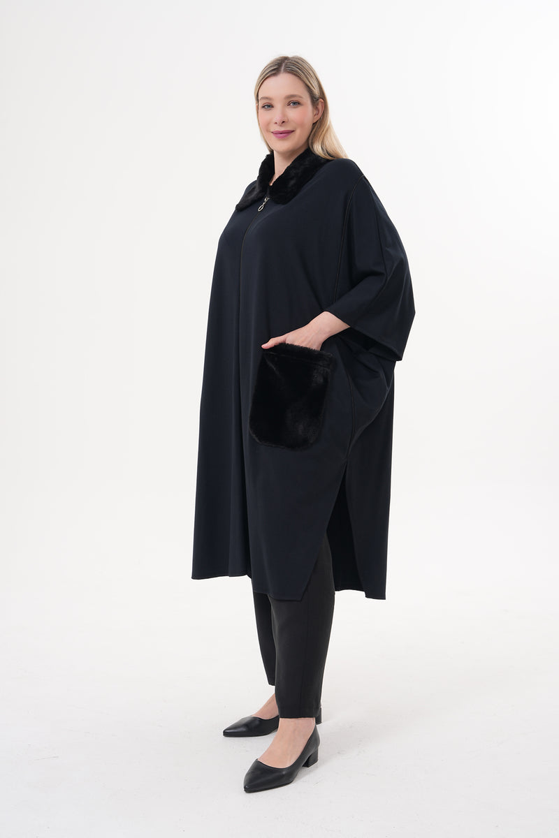 DL Fur Collar Pancho Black