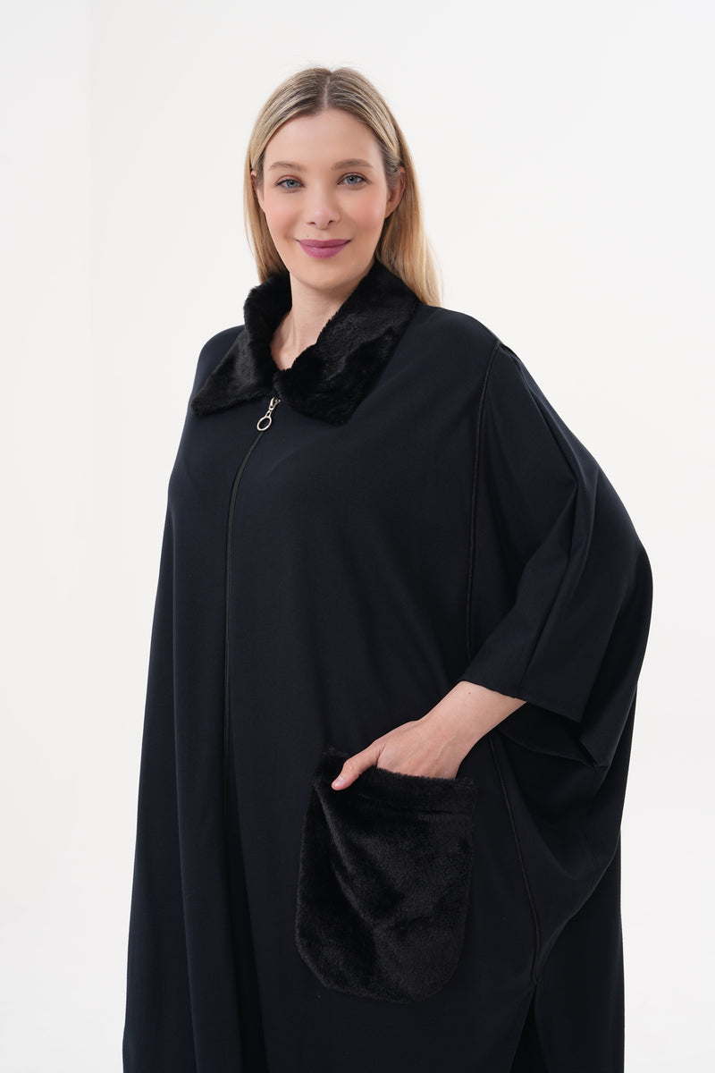 DL Fur Collar Pancho Black
