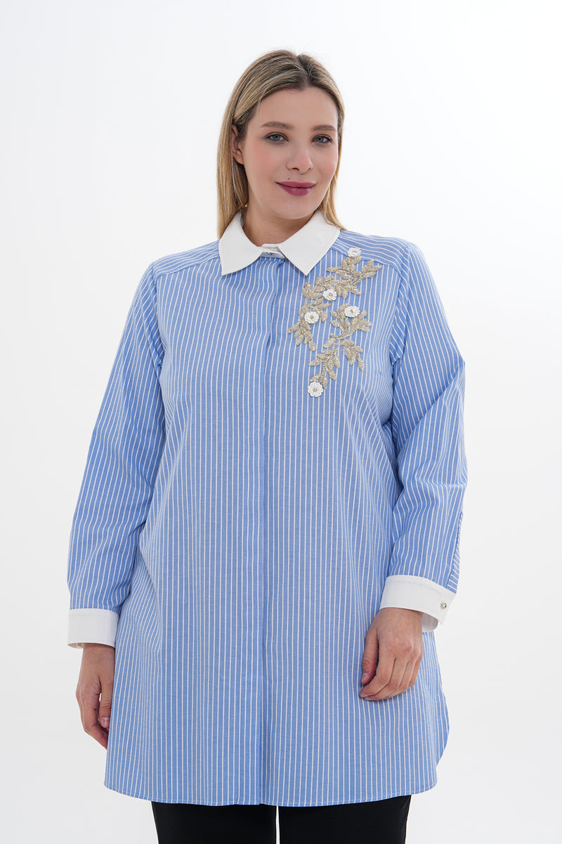 F&G Striped Beaded Dtld Shirt Baby Blue