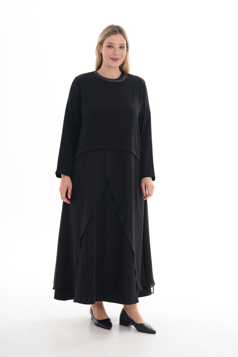 R&Q 2 Pc Chiffon Asymmetrical Dress Black