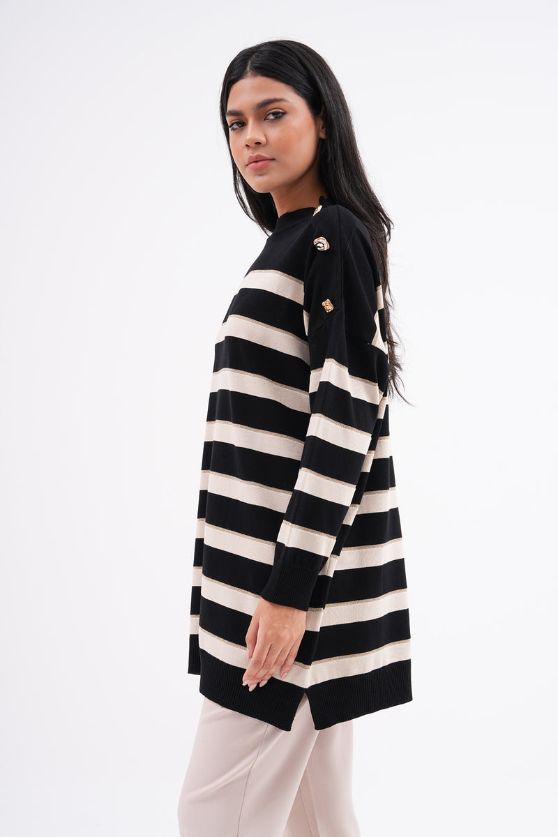 MRW Striped Shiny Knitted Tunic Black