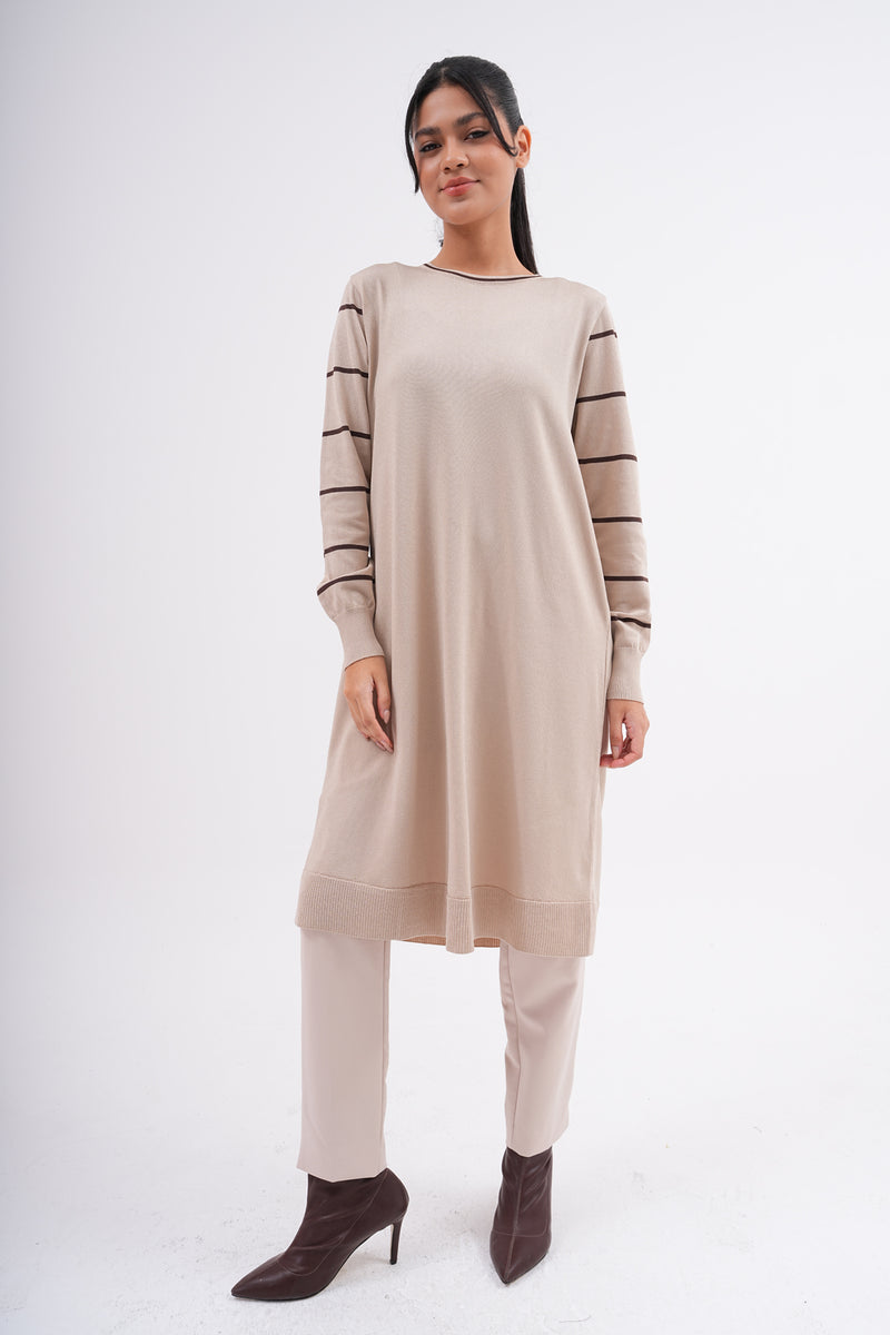 F&O Striped Arm Mercerized Tunic Beige