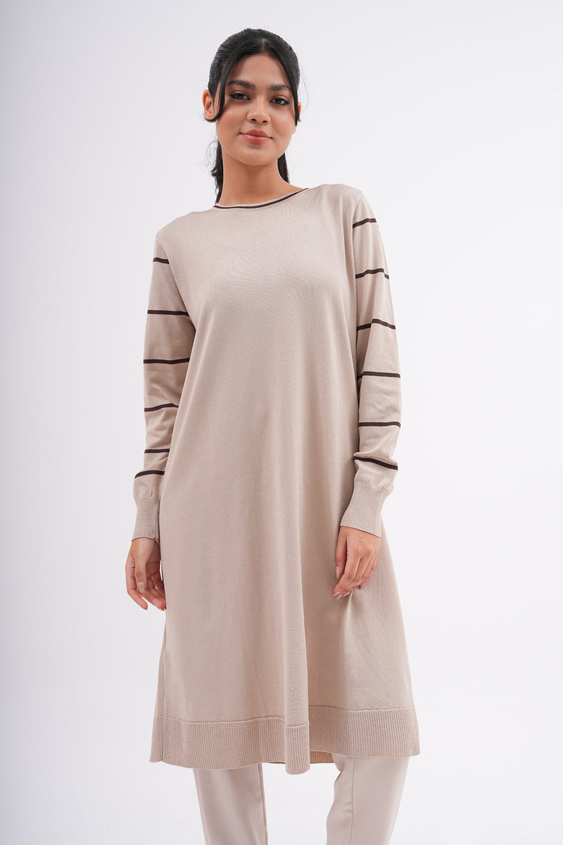 F&O Striped Arm Mercerized Tunic Beige