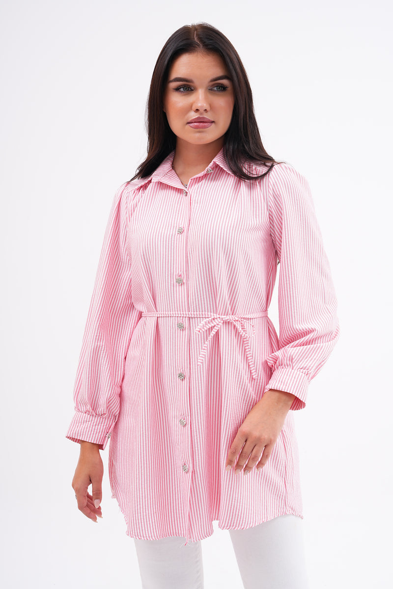 FX Rhinestone Button Shirt Pink