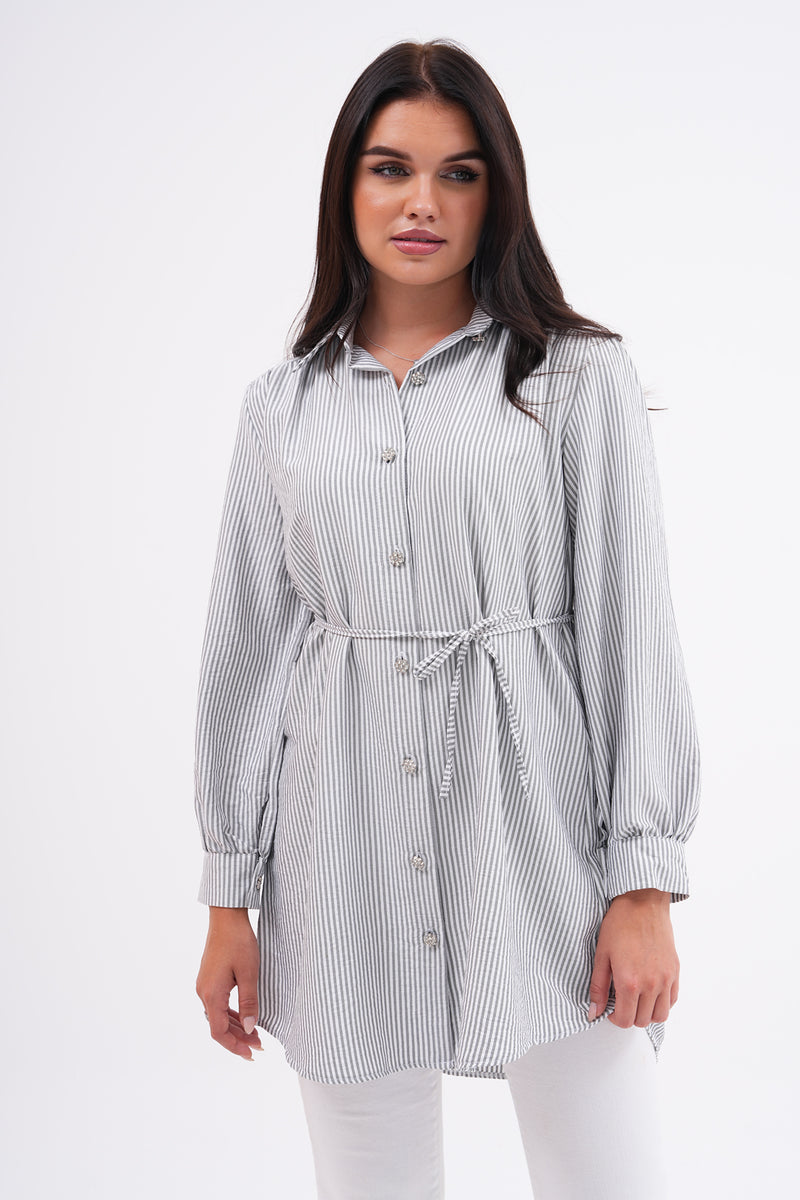 FX Rhinestone Button Shirt Black&White