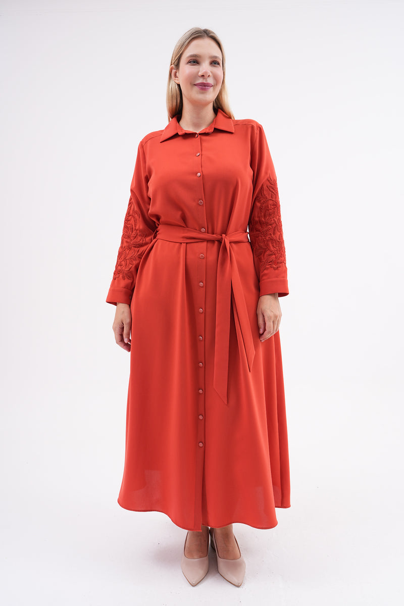 F&G Arm Dtld Crepe Dress Brick Color