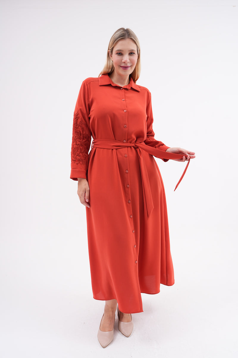 F&G Arm Dtld Crepe Dress Brick Color