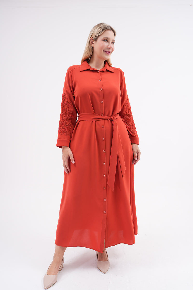 F&G Arm Dtld Crepe Dress Brick Color