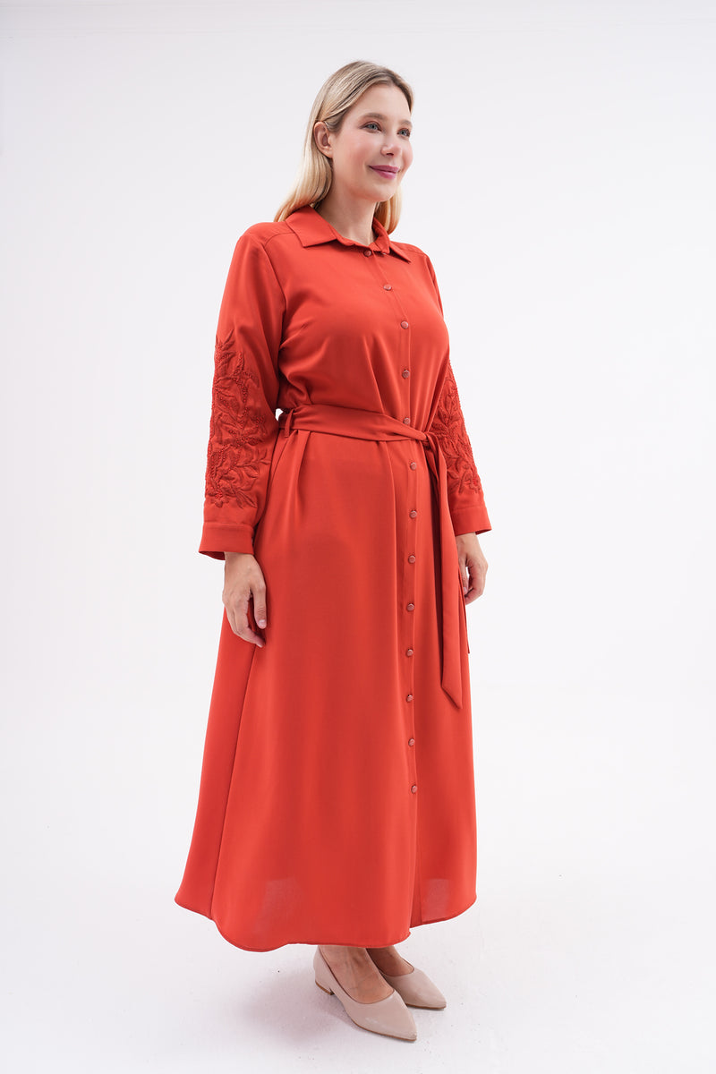 F&G Arm Dtld Crepe Dress Brick Color