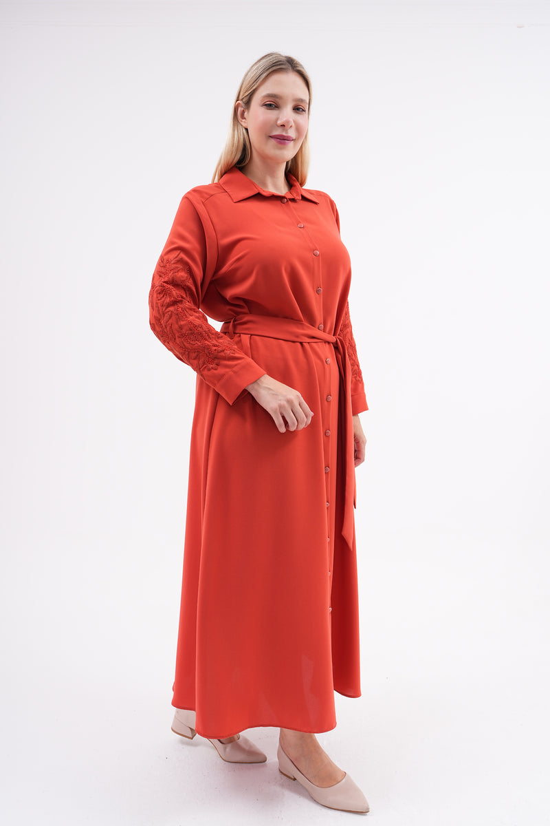 F&G Arm Dtld Crepe Dress Brick Color