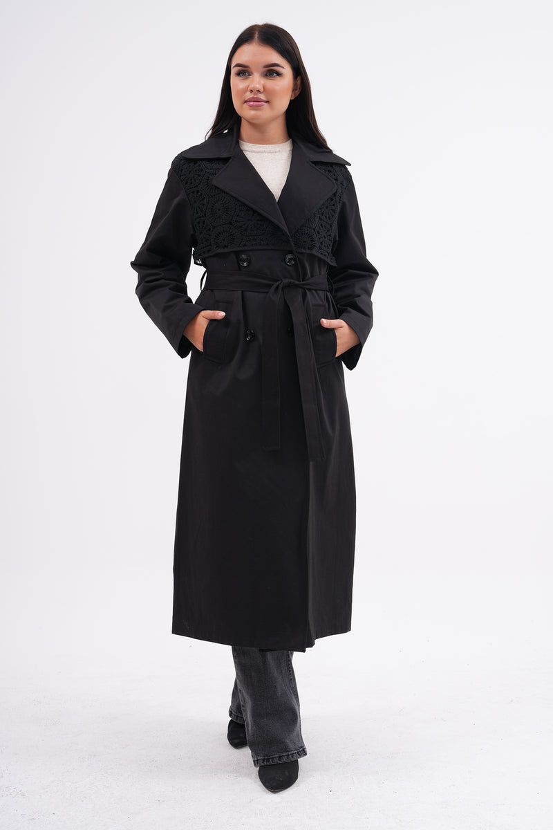 GLX Lace Detailed Trench Coat Black