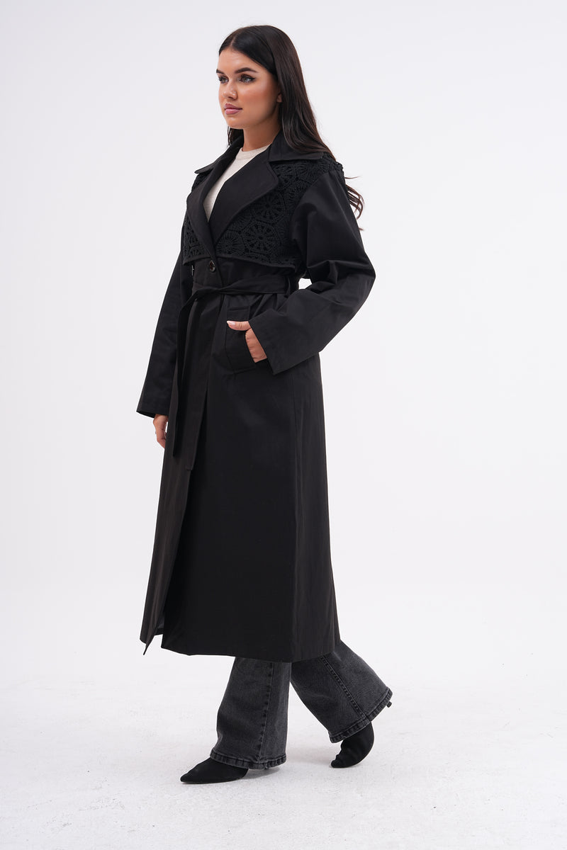 GLX Lace Detailed Trench Coat Black