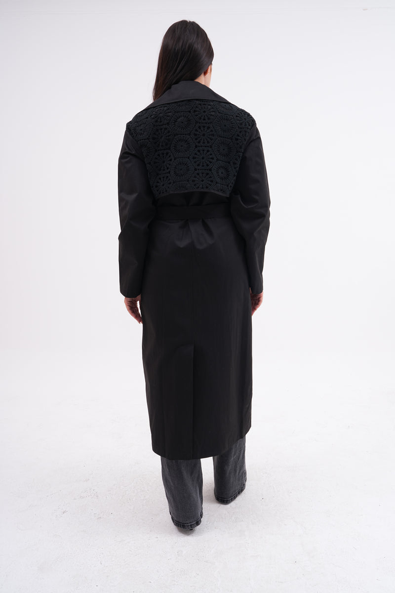 GLX Lace Detailed Trench Coat Black