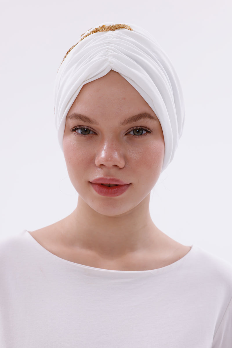 QF 1830 Sequin Handmade Turban Ecru