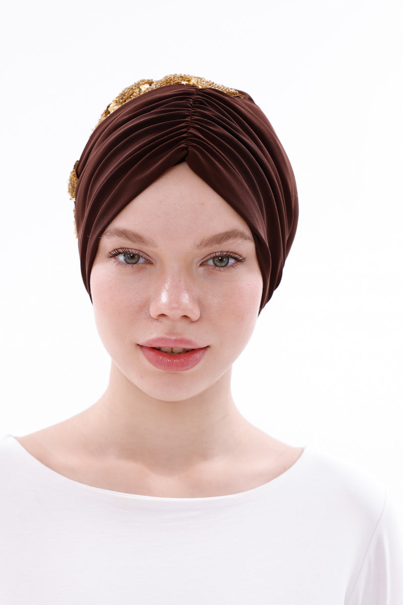 QF 1830 Sequin Handmade Turban Brown