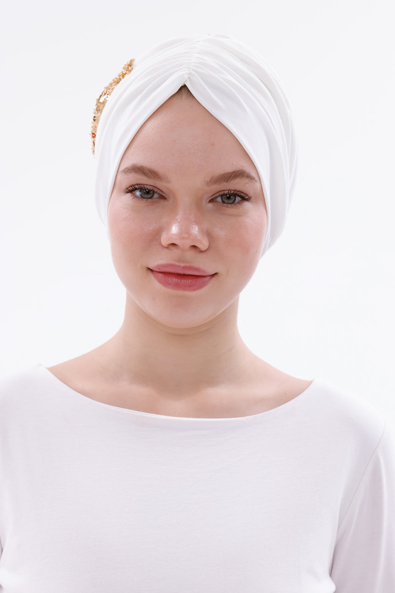 QF 1832 Sequin Handmade Turban Ecru