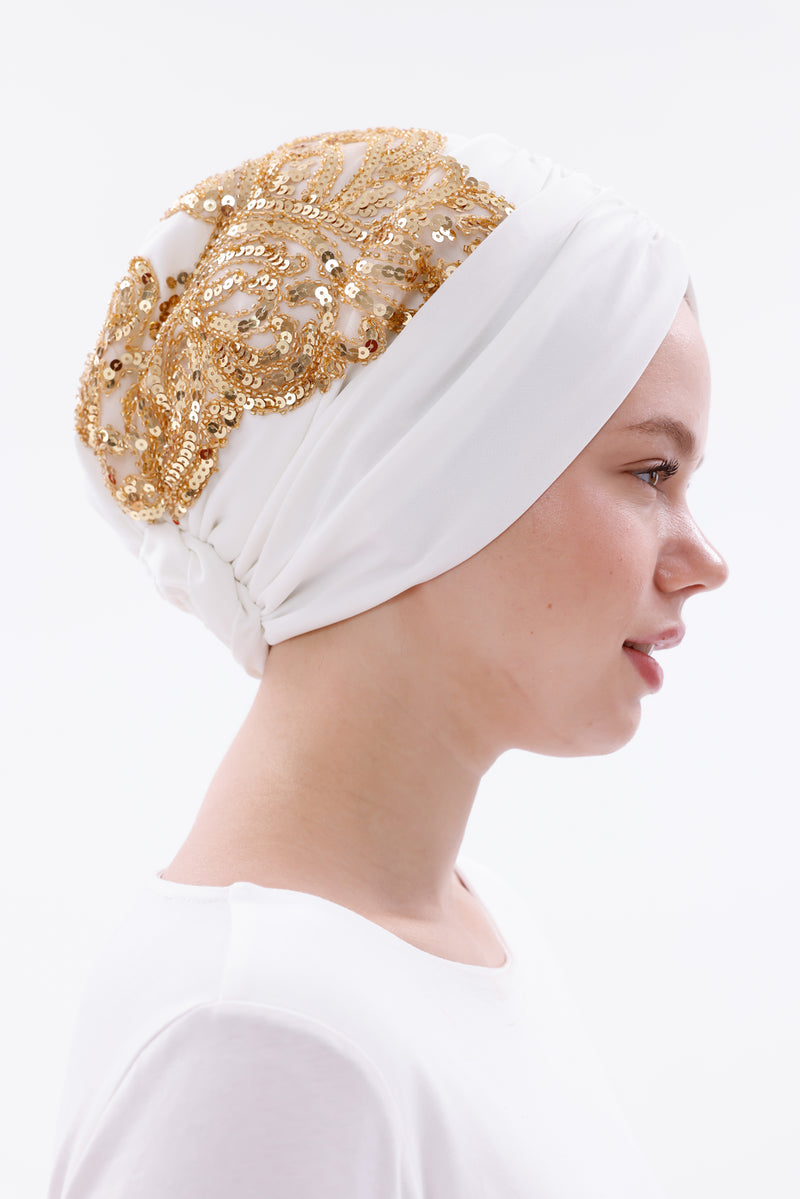 QF 1832 Sequin Handmade Turban Ecru