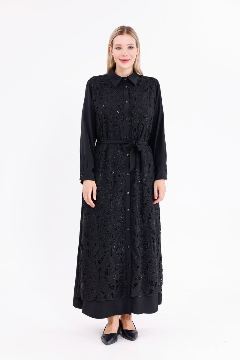 F&G Lace Detail Long Dress Black