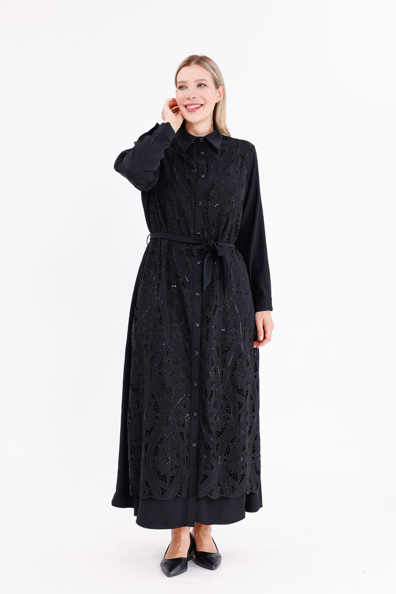 F&G Lace Detail Long Dress Black