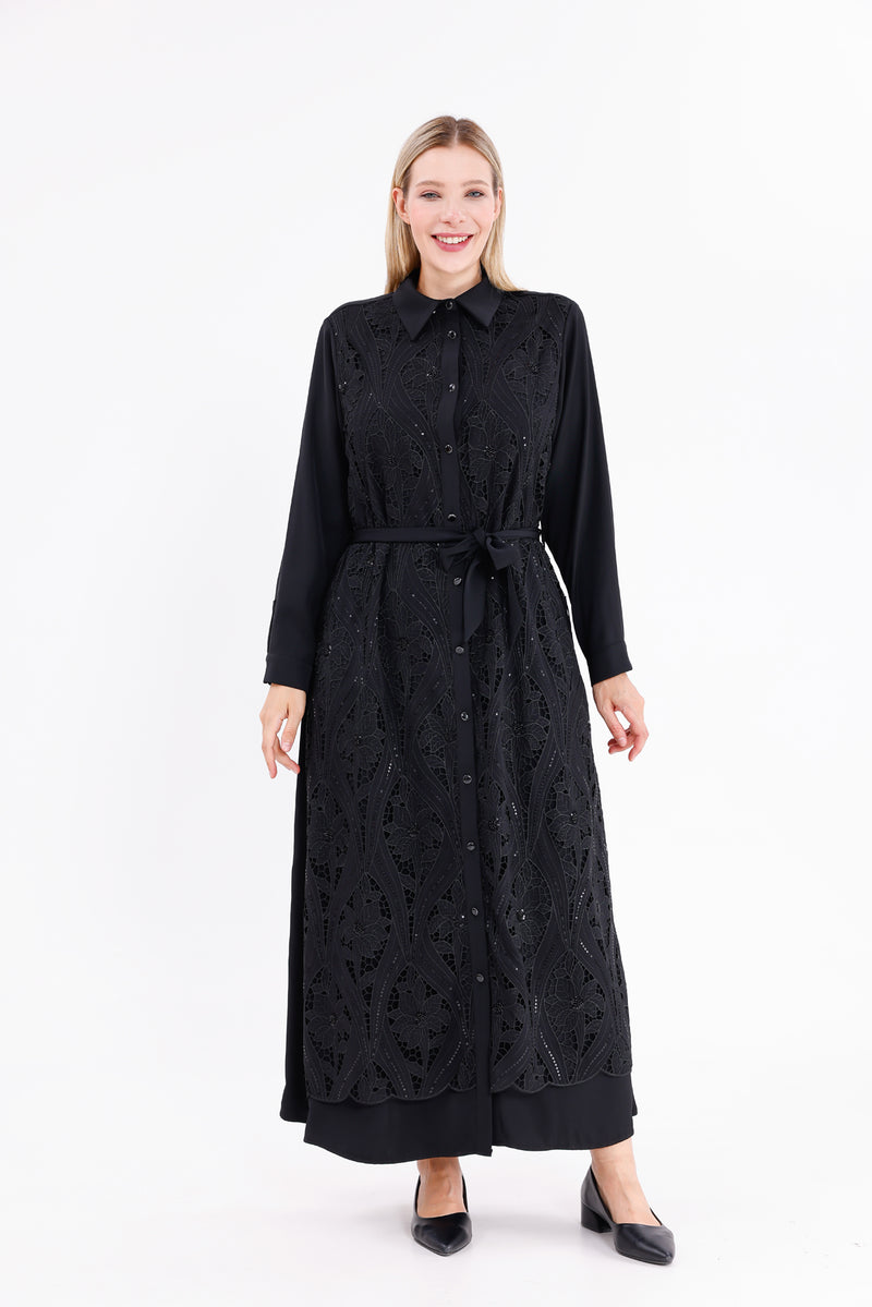F&G Lace Detail Long Dress Black