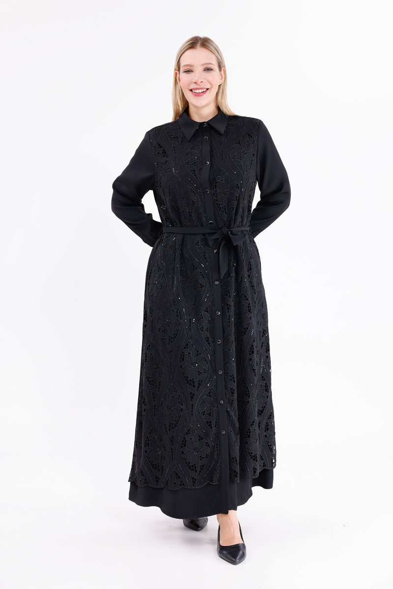 F&G Lace Detail Long Dress Black