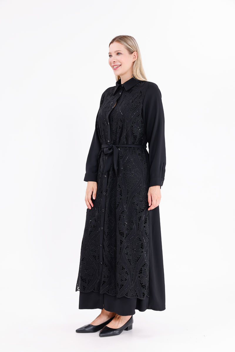 F&G Lace Detail Long Dress Black