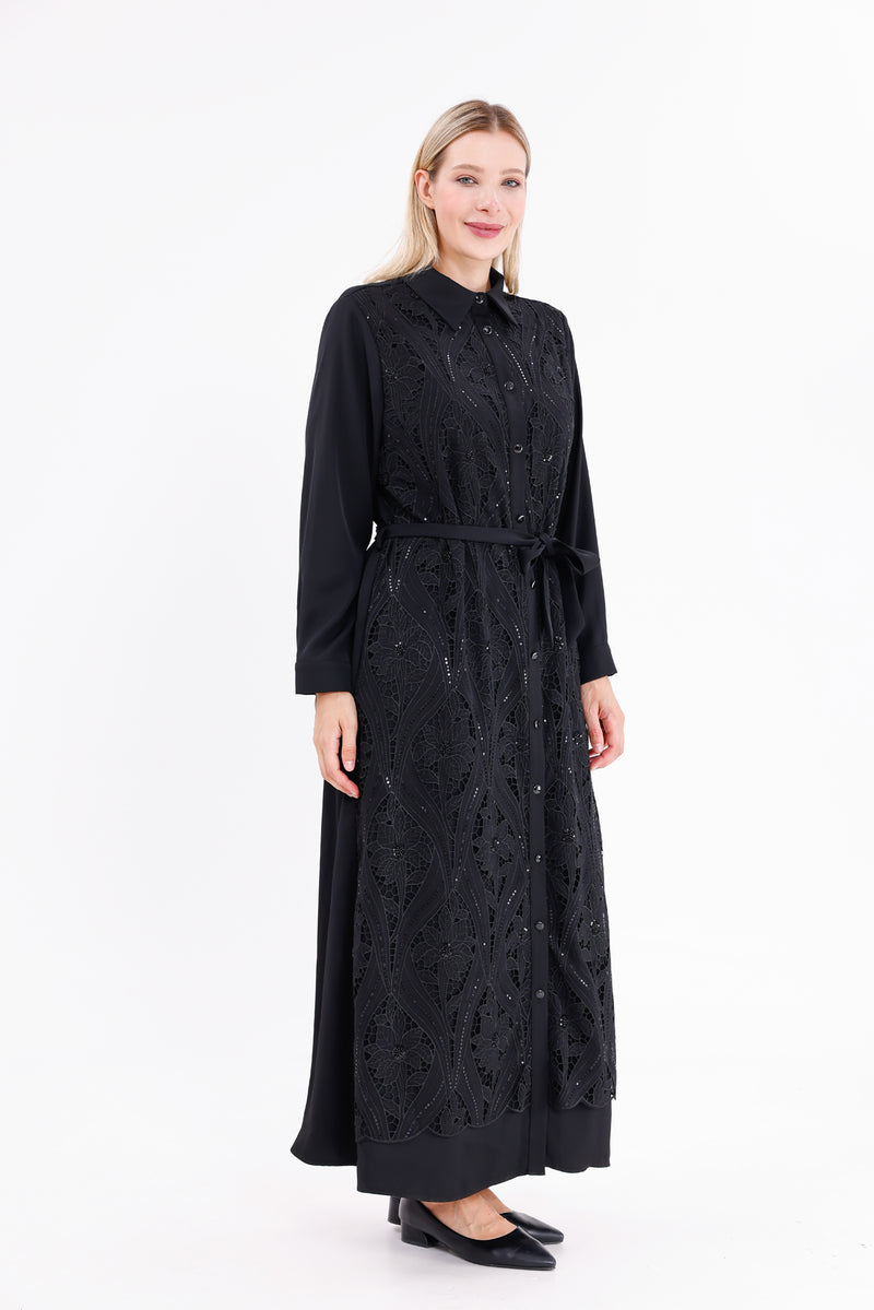 F&G Lace Detail Long Dress Black