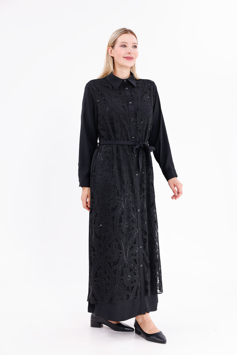 F&G Lace Detail Long Dress Black