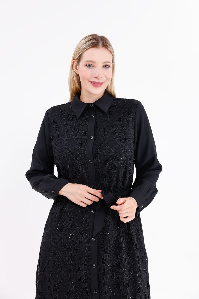 F&G Lace Detail Long Dress Black