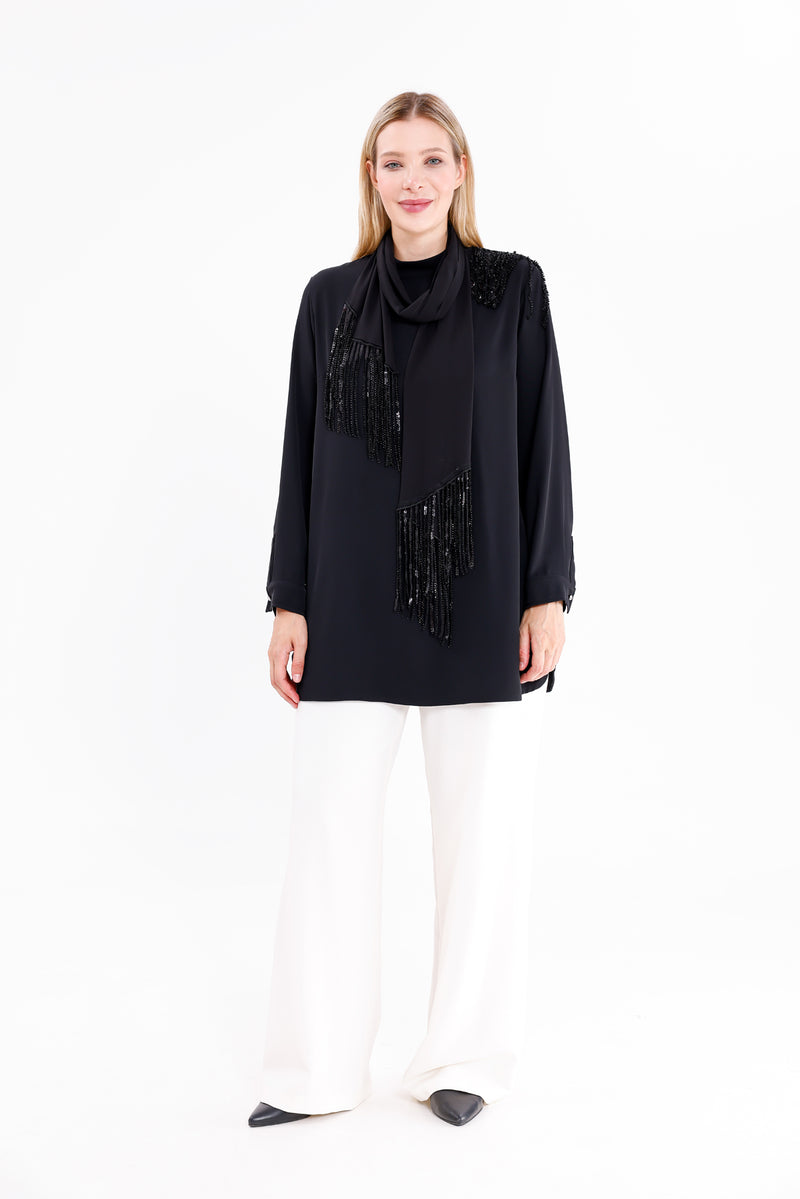 F&G Shawl Detailed Tunic Black