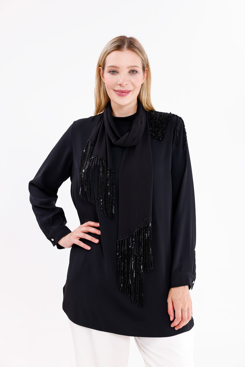 F&G Shawl Detailed Tunic Black