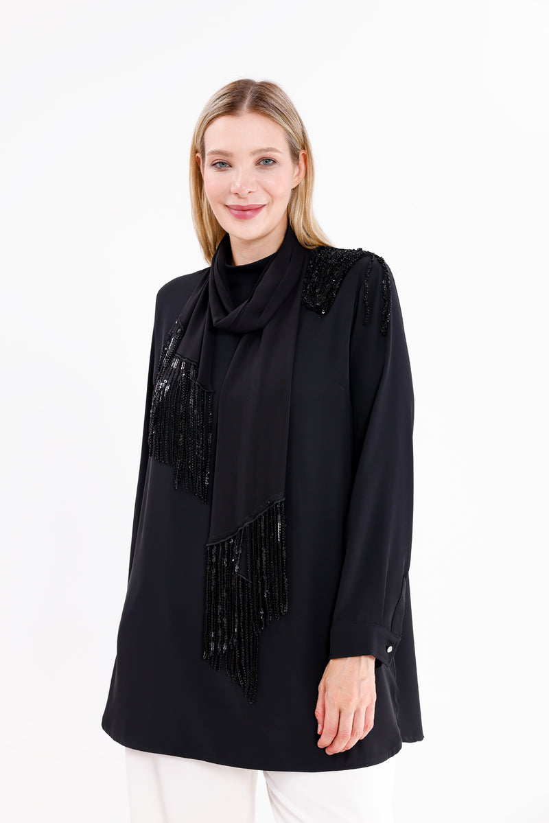 F&G Shawl Detailed Tunic Black