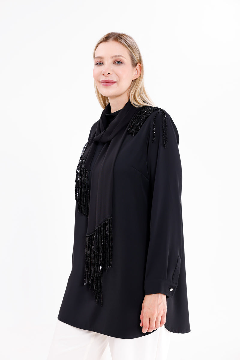 F&G Shawl Detailed Tunic Black