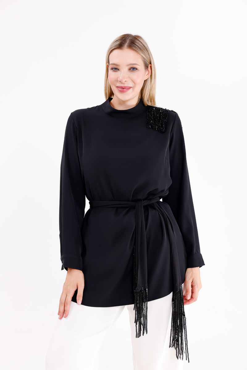 F&G Shawl Detailed Tunic Black
