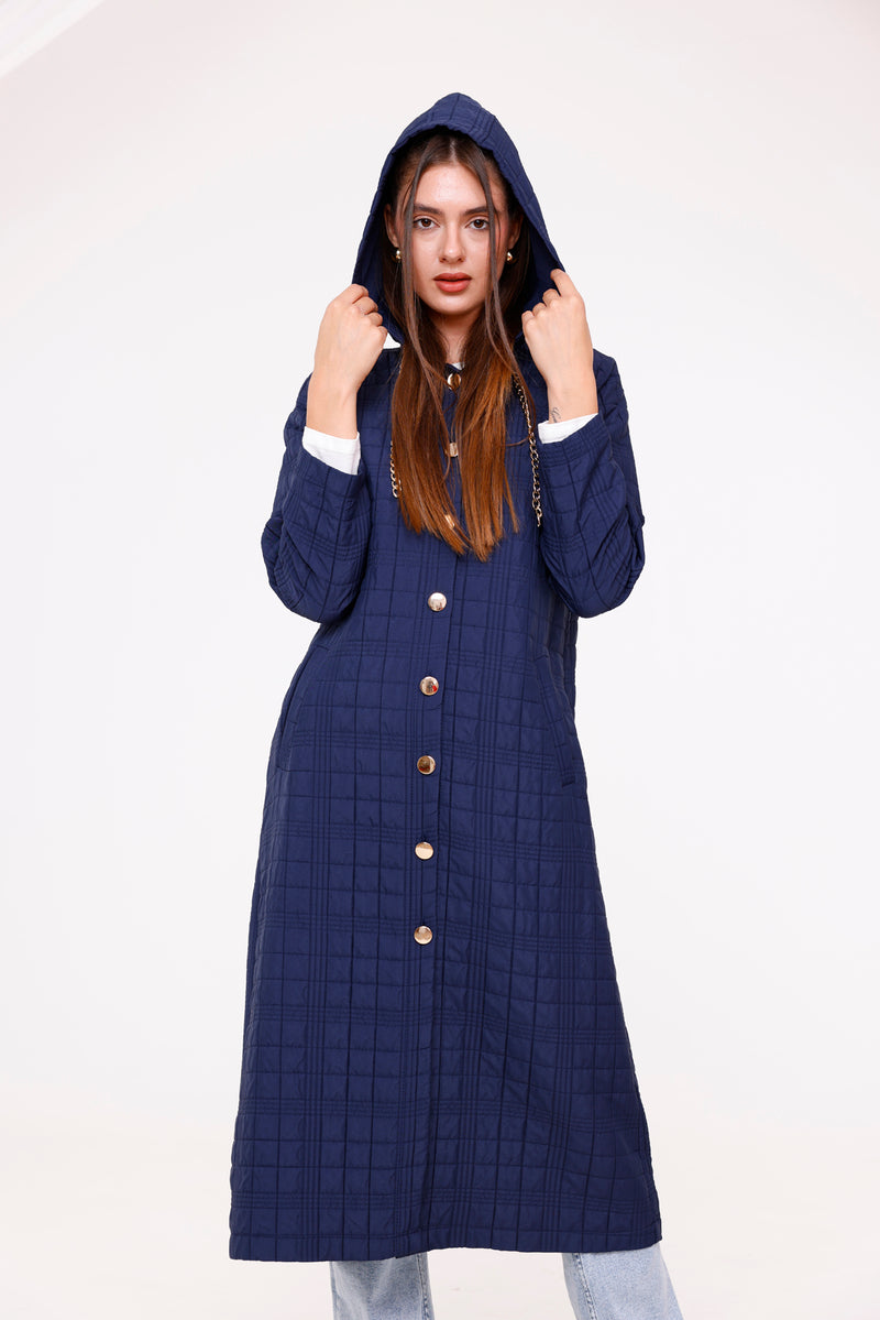 Bwst Quilted Hooded Cape Navy Blue