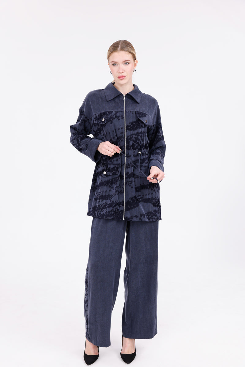 TG Printed Qupra Silk Set Navy Blue