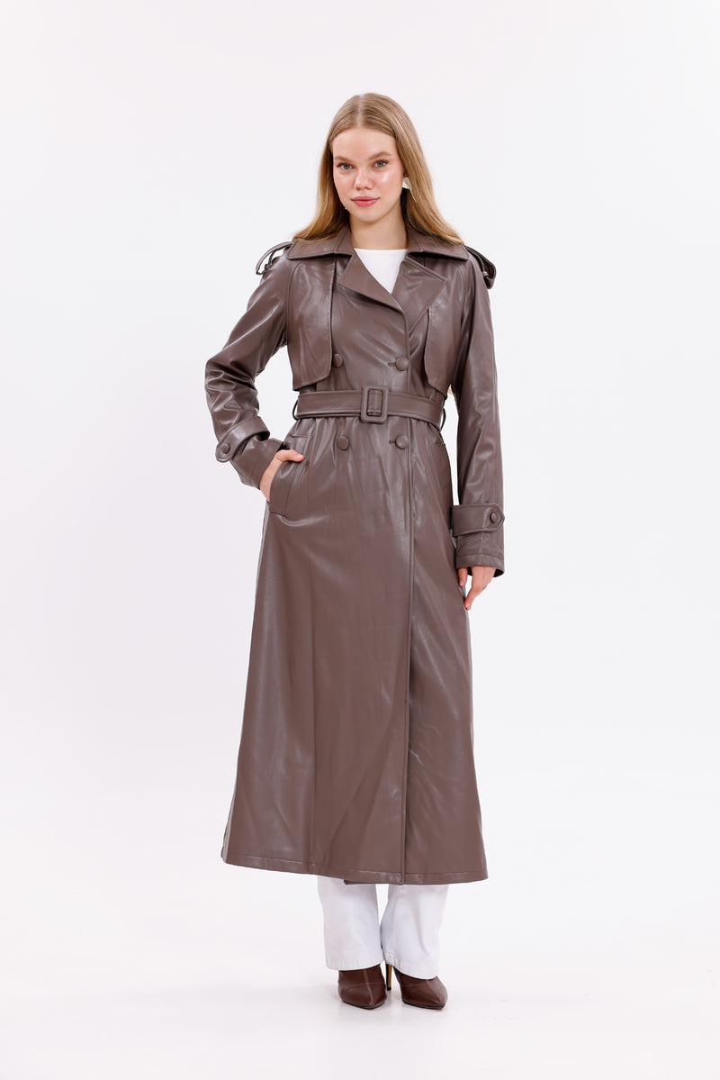 GLX Faux Leather Trenchcoat Brown